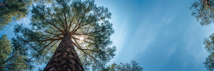 Fototapeta premium Large pine tree viewed from below against a blue sky with evening sunlight rays, emphasizing natural landscape features