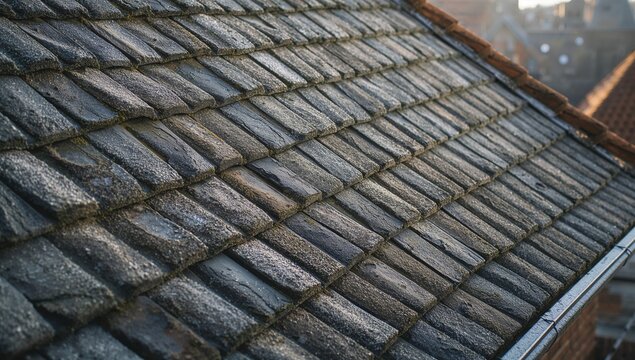 Slate roofing tiles on a historic building used for durable roofing, preservation