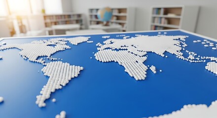 Closeup view of a detailed 3d globe model with continents and oceans, showcasing a creative and artistic representation of the world