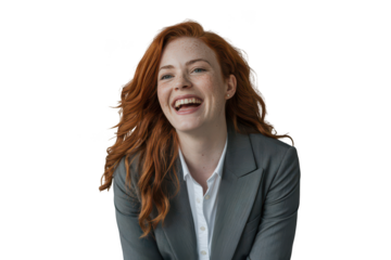 Laughing businesswoman with red hair isolated on transparent background