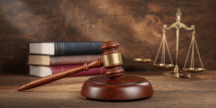 Mallet of the judge, books, scales of justice in a courtroom setting, emphasizing legal authority and judicial proceedings, Law and Justice day