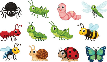 PrintAdorable Cartoon Insects and Garden Bugs Vector Set, Spider, Ant, Grasshopper, Caterpillar, Bee, Ladybug, Butterfly, Snail, Worm, Animal Collection