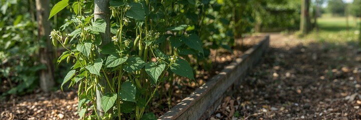 Home Grown Organic climbing runner bean plants supported by bamboo canes in a vegetable garden, emphasizing sustainable gardening practices