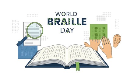 World braille day celebration with open book, hands reading braille, and braille alphabet chart