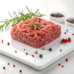 A portion of raw minced meat is isolated on a white background, highlighting its texture, freshness,