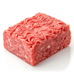 A portion of raw minced meat is isolated on a white background, highlighting its texture, freshness,