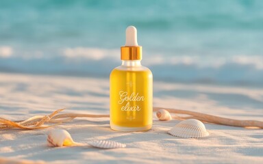 Luxury golden elixir bottle on sun-kissed beach offers radiant skin renewal and ultimate relaxation with the calming ocean breeze and natural elements