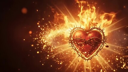 A powerfully rendered abstract heart pulsates with vibrant, internal light while enveloped in a crown of sharp thorns and fiery orange flames. Dynamic sparks and glowing particles radiate outwards aga