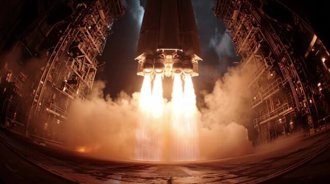 Powerful Rocket Engine Test Firing with Intense Flames and Smoke.
