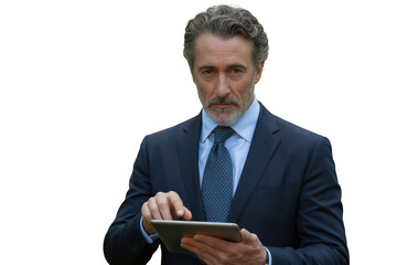 Man in suit using tablet isolated on transparent background