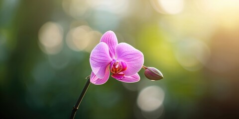 Close-up of a pink orchid flower in morning light, emphasizing delicate petal textures for floral design background
