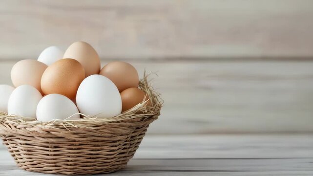 Fresh white and brown eggs woven basket wooden table warm natural light egg poultry egg brown egg
