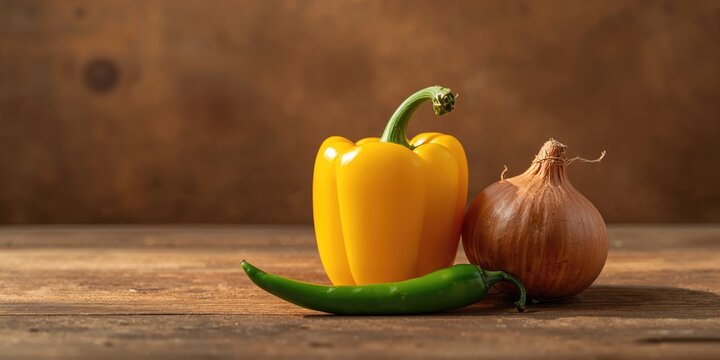 Still life of yellow pepper, onion, and green chili pepper on a wooden surface, emphasizing fresh produce for culinary preparation - Powered by Adobe