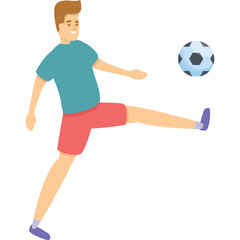Athletic young man in blue t-shirt and red shorts kicking a soccer ball with determination and focus against a clean white background isolated vector illustration
