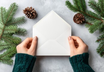 A blank white square Christmas greeting card opened by a female hand, perfect for conveying warm Christmas and New Year wishes with a touch of sophistication and festive cheer, holiday greetings 
