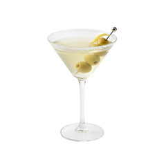 Cocktail glass with a cold martini drink, isolated with lemon or green olives