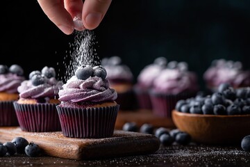 Artisan carefully applying powdered sugar to blueberry cupcakes with spatulas on dark wood, ideal for culinary content and baking concepts.