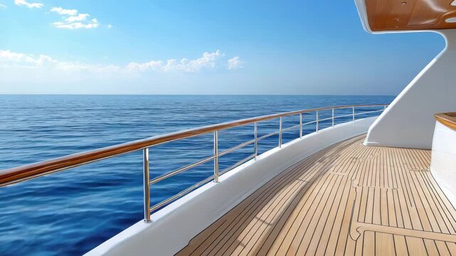 Luxury yacht teak deck railing overlooking calm ocean and sea under clear blue sky