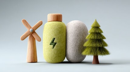 A minimalist composition featuring a wind turbine, eco-friendly bottle, rock, and tree symbolizes sustainability and green energy, ideal for eco-conscious campaigns or environmental projects,