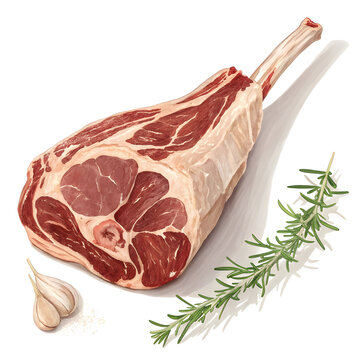 A raw mutton leg piece is isolated on a white background, highlighting its texture, freshness, and suitability for various
