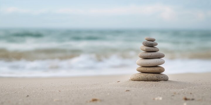 Zen symbol stones pyramid in sand demonstrating harmony and balance, ocean backdrop, sea pebbles stack in foreground, shallow focus, monochrome - Powered by Adobe