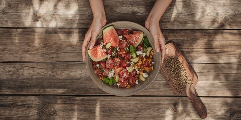 Top view of a table with female hands assembling a vegetable and fruit salad emphasizing fresh ingredients for a nutritious meal, World Health Day