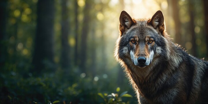 Gray wolf in a forest with intense gaze and detailed fur texture, emphasizing wildlife observation