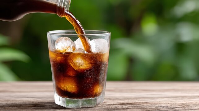 A glass of cold brew coffee with ice cubes and ice balls, pouring to fill, close-up drink shot, condensation on glass, background with outdoor table with food, refreshing product photography.