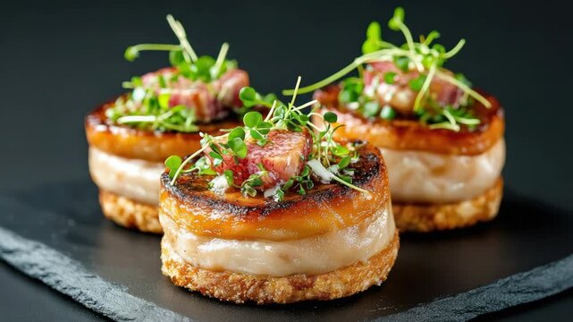 Caramelized scallop canape microgreen fig caramelized appetizer on crisp toast, elegant plated