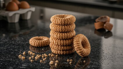 Sweet, crunchy ring-shaped cookies arranged on a dark surface, ideal for tea time, fiber-dense choice