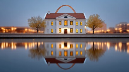 Fototapeta premium A beautiful riverside building with soft lighting reflects in the water, Its serene ambiance and architectural details make it ideal for real estate, travel brochures, or lifestyle publications,