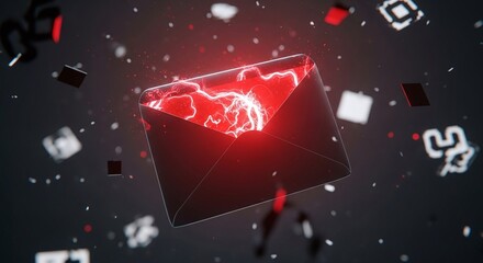 A glowing red email envelope with lightning effect hovers amidst scattered social media icons against a dark, blurred background, creating a dynamic scene