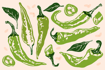 Hot pepper set. Green spicy capsaicin peppers risograph print effect, vintage whole half ripe cayenne jalapeno, organic vegetable ingredient, abstract farm food. Vector collection