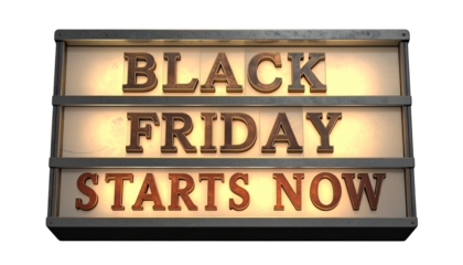 "Black Friday starts now" illuminated sign isolated on solid white background Png
