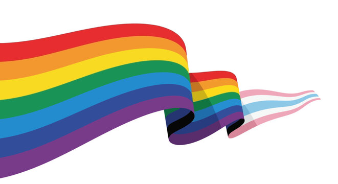 A flowing rainbow flag merges with the transgender pride flag, symbolizing LGBTQ+ unity and inclusivity.
