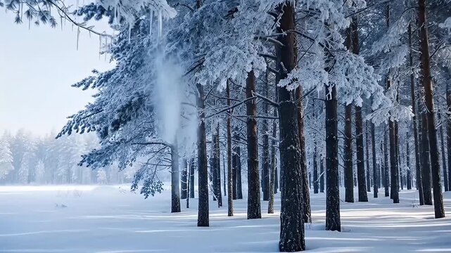 A serene winter forest comes alive as a delicate cloud of pristine snow drifts through the frigid air, disturbed by a gentle breeze or unseen movement. Tall evergreen trees stand majestic, their branc