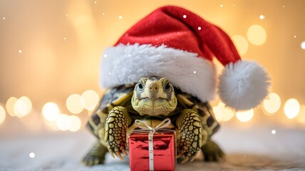 Cute tortoise wearing a santa hat holding a christmas gift
