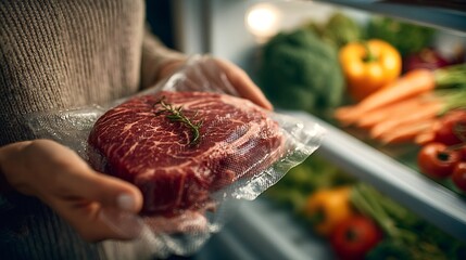 Woman holding vacuum packed fresh raw steak