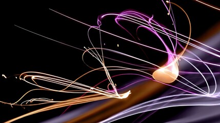 Abstract, swirling light trails in purple and orange hues against a dark, black background. The trails appear energetic and dynamic, with a central, glowing orb