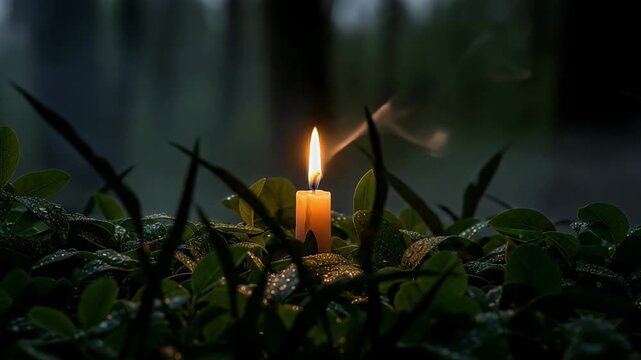 A solitary candle burns brightly amidst lush, dew-kissed green foliage in a tranquil, dimly lit setting. The warm, flickering flame casts a gentle glow, illuminating delicate water droplets on the lea