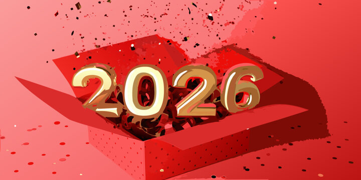 Golden 2026 emerging from a red gift box with confetti