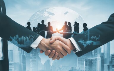 Dynamic global handshake symbolizes international partnerships, business success and investment opportunities, inspiring confidence and collaboration worldwide