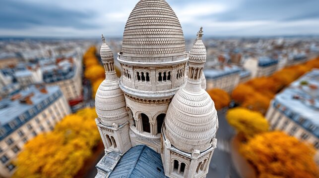 Aerial view of a stunning architectural masterpiece in a vibrant city, showcasing intricate domes amidst colorful autumn foliage, Perfect for travel articles, tourism brochures