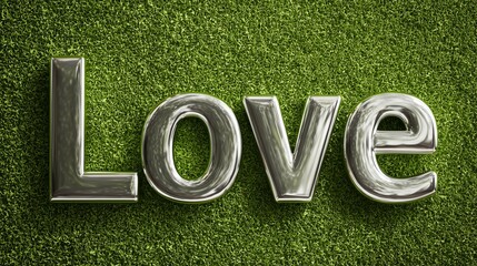 A 3D-rendered metallic word Love in a polished silver finish, placed on a vibrant green grass background Ideal for valentine day and romantic-themed 