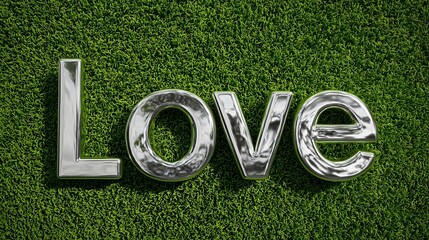 A 3D-rendered metallic word Love in a polished silver finish, placed on a vibrant green grass background Ideal for valentine day and romantic-themed 