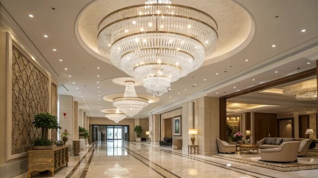 Grand hotel lobby with sparkling crystal chandeliers and elegant marble flooring creating a luxurious ambiance