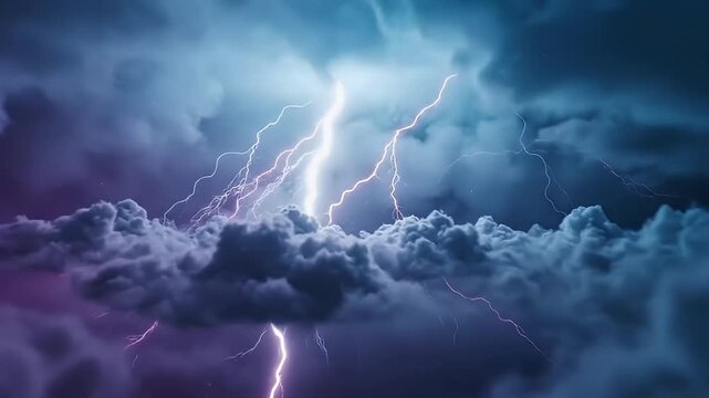 A stunning and dramatic display of nature's raw power unfolds as multiple bright lightning bolts intensely illuminate dark, swirling storm clouds. The vibrant flashes of electricity cut through the tu