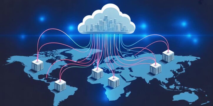 Global cloud network connecting data centers across a world map, data migration concept, information availability, cloud storage