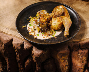 Delicious roasted chicken dish served on rustic wood table