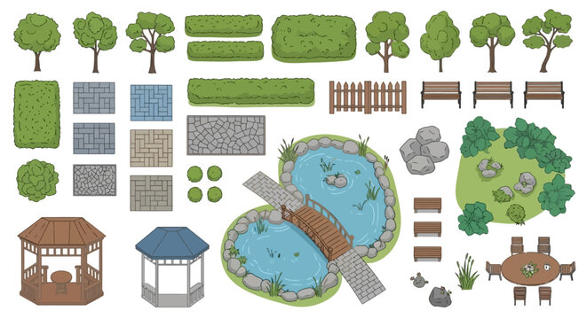 Overhead view of a park layout with trees, benches, ponds, and gazebos.